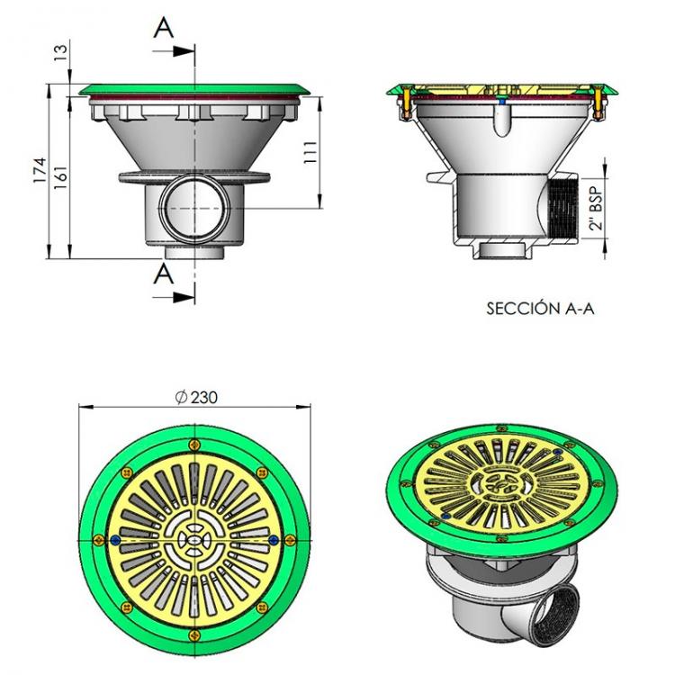 Sumidero Circular Ø 210 mm con rejilla ABS Liner y prefabricada AstralPool