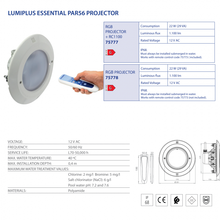 Proyector Led Lumiplus Essential PAR56 RGB 1.100 lm Astralpool