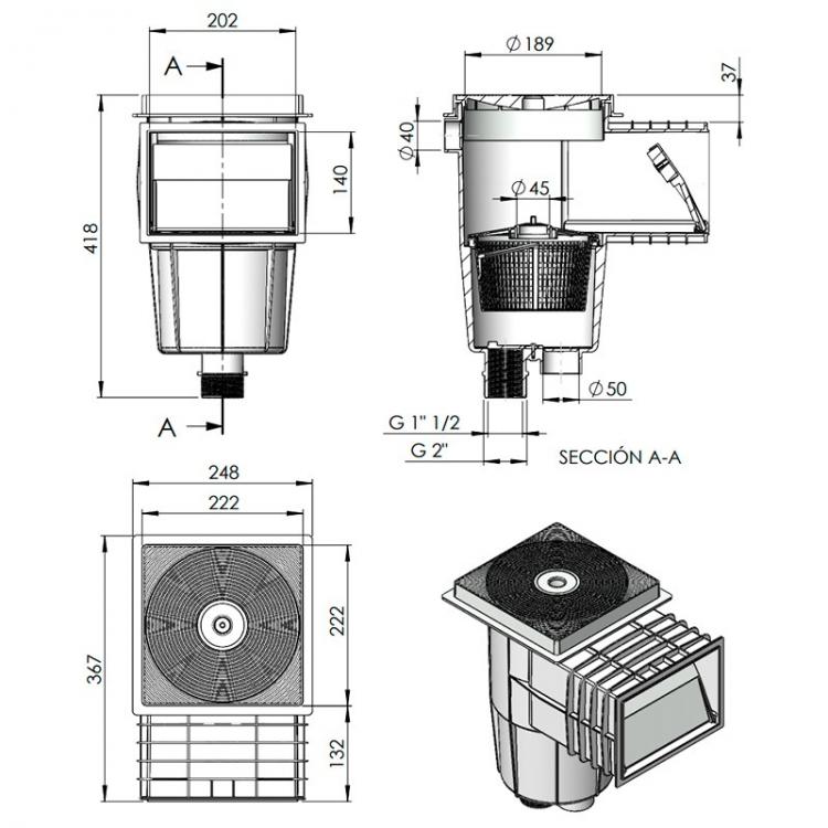 Standardowy skimmer AstralPool z kwadratową pokrywą do basenu betonowego